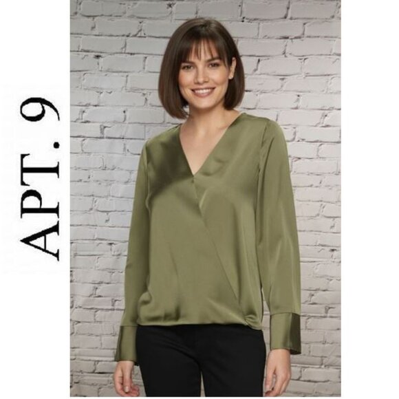APT. 9, Stylish olive green long sleeve front crossover v-neck blouse - Picture 1 of 8